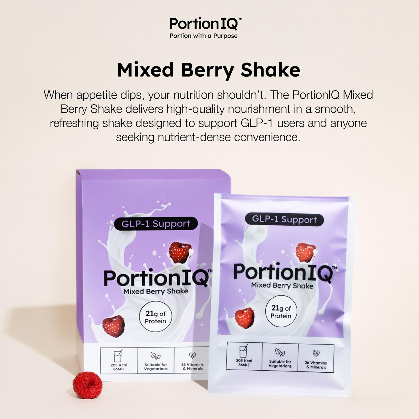 PortionIQ high-protein mixed berry shake sachet and boxed package, with product description