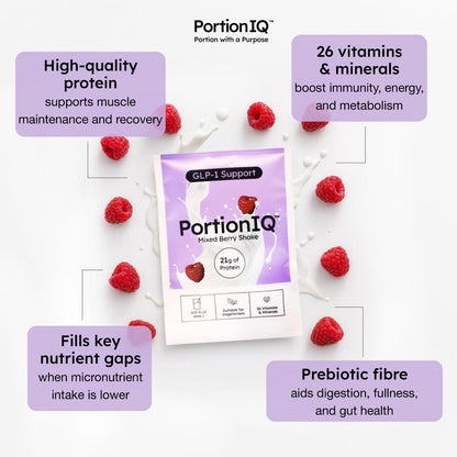 PortionIQ high-protein mixed berry shake, with benefits descriptions