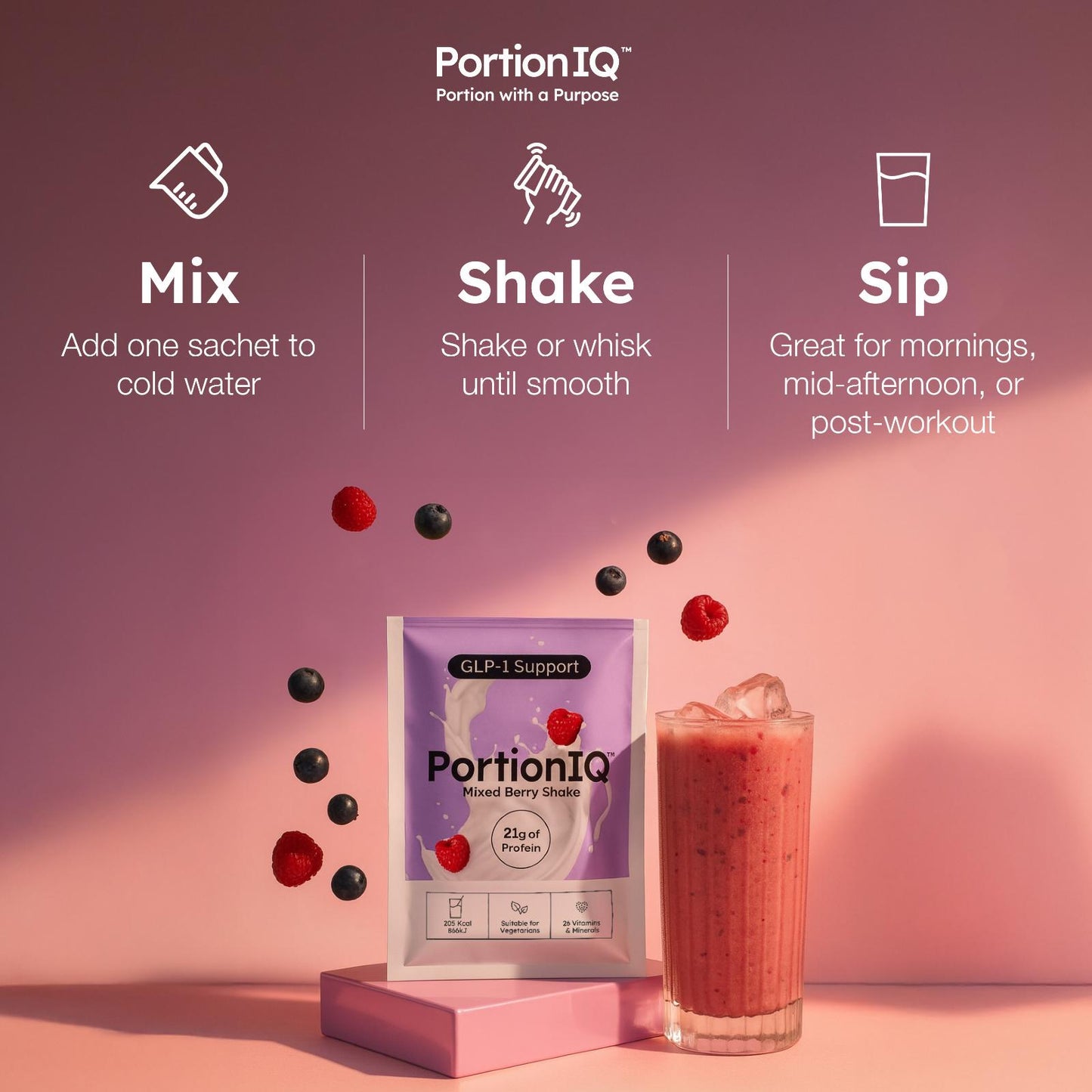 PortionIQ high-protein mixed berry shake sachet with glass and steps
