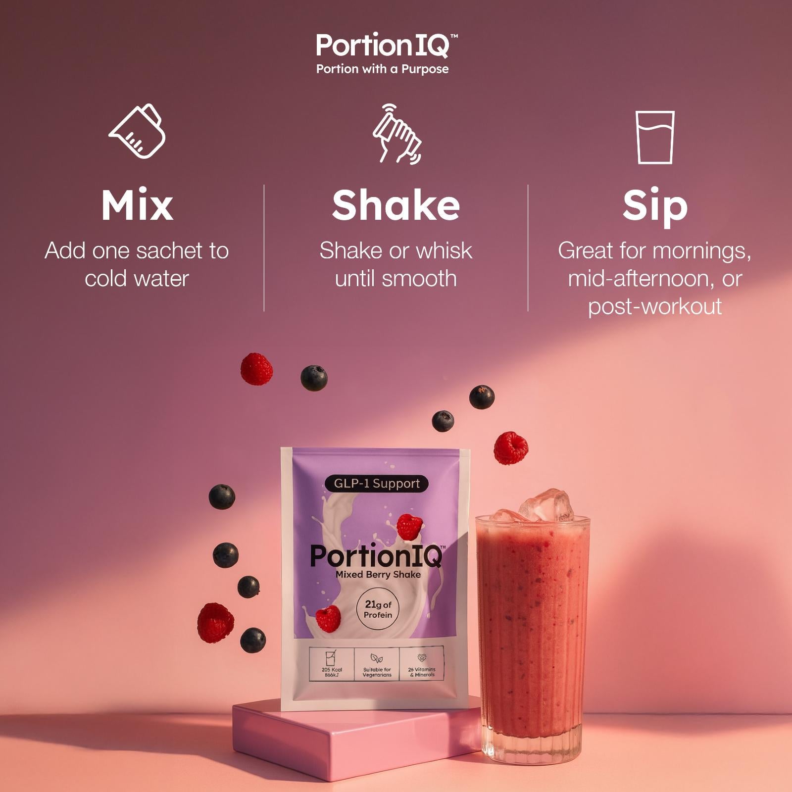 PortionIQ high-protein mixed berry shake sachet with glass and steps