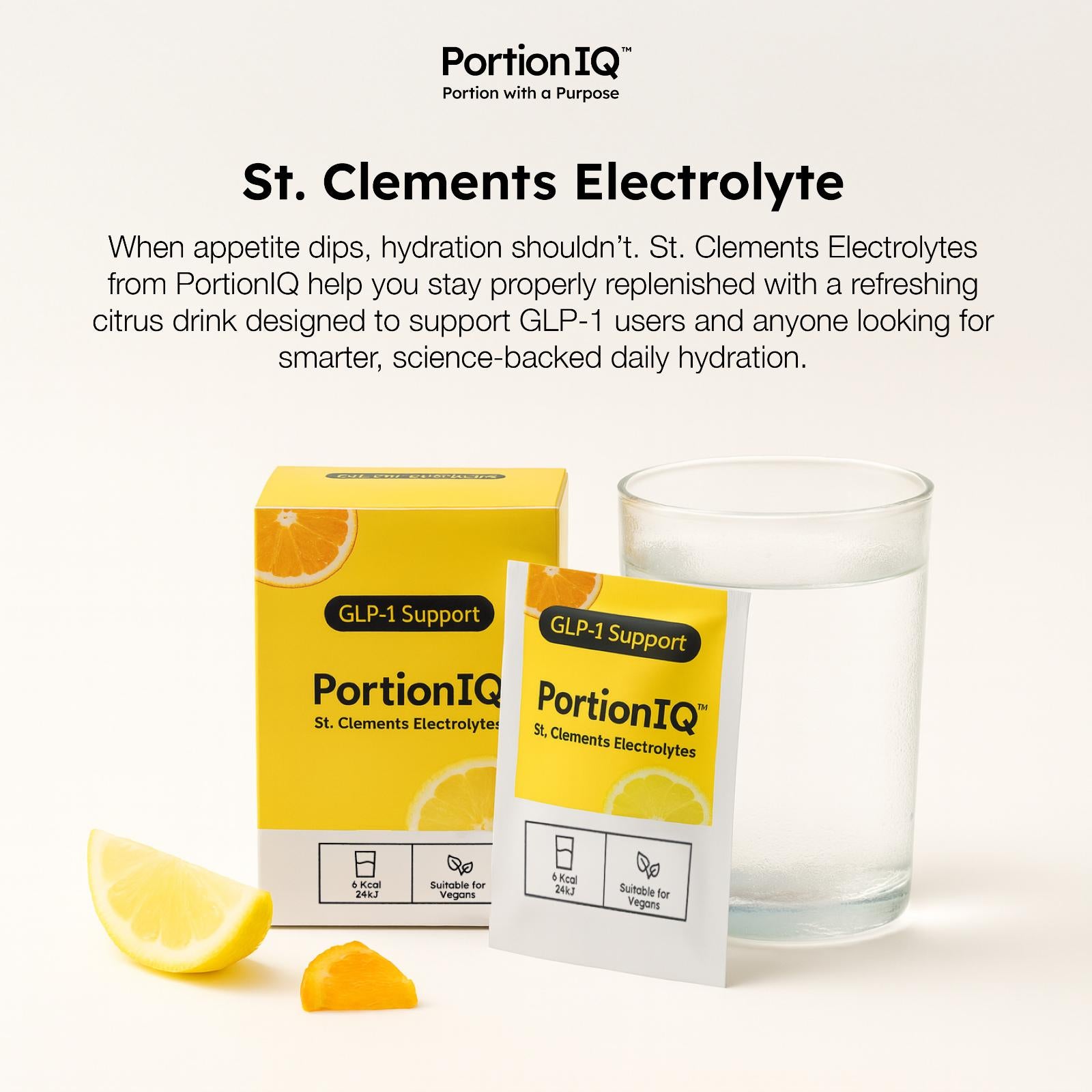 PortionIQ lemon electrolytes drink powder sachet, boxed package and glass, with product description