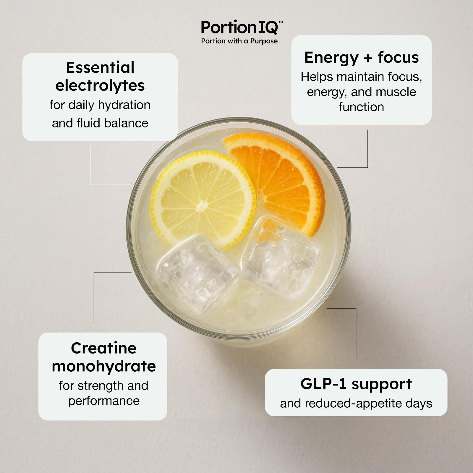 Glass of Portion IQ lemon electrolytes drink in a glass with benefits descriptions