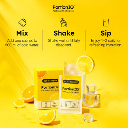 PortionIQ lemon electrolytes powder drink sachet with glass and steps