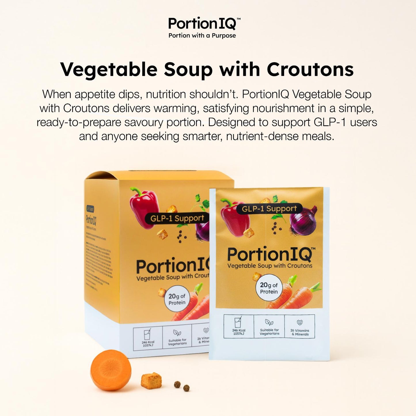 PortionIQ high-protein vegetable soup with croutons, sachet and boxed package, with product description