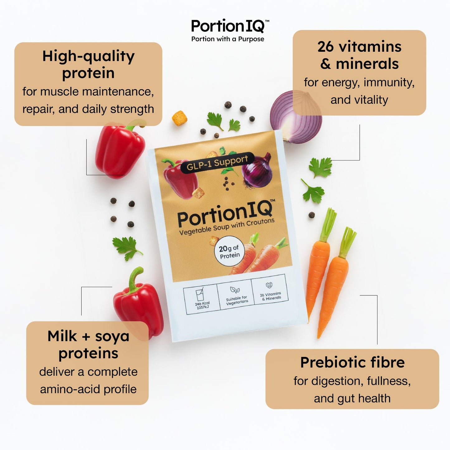 PortionIQ high-protein vegetable soup with croutons, with benefits descriptions