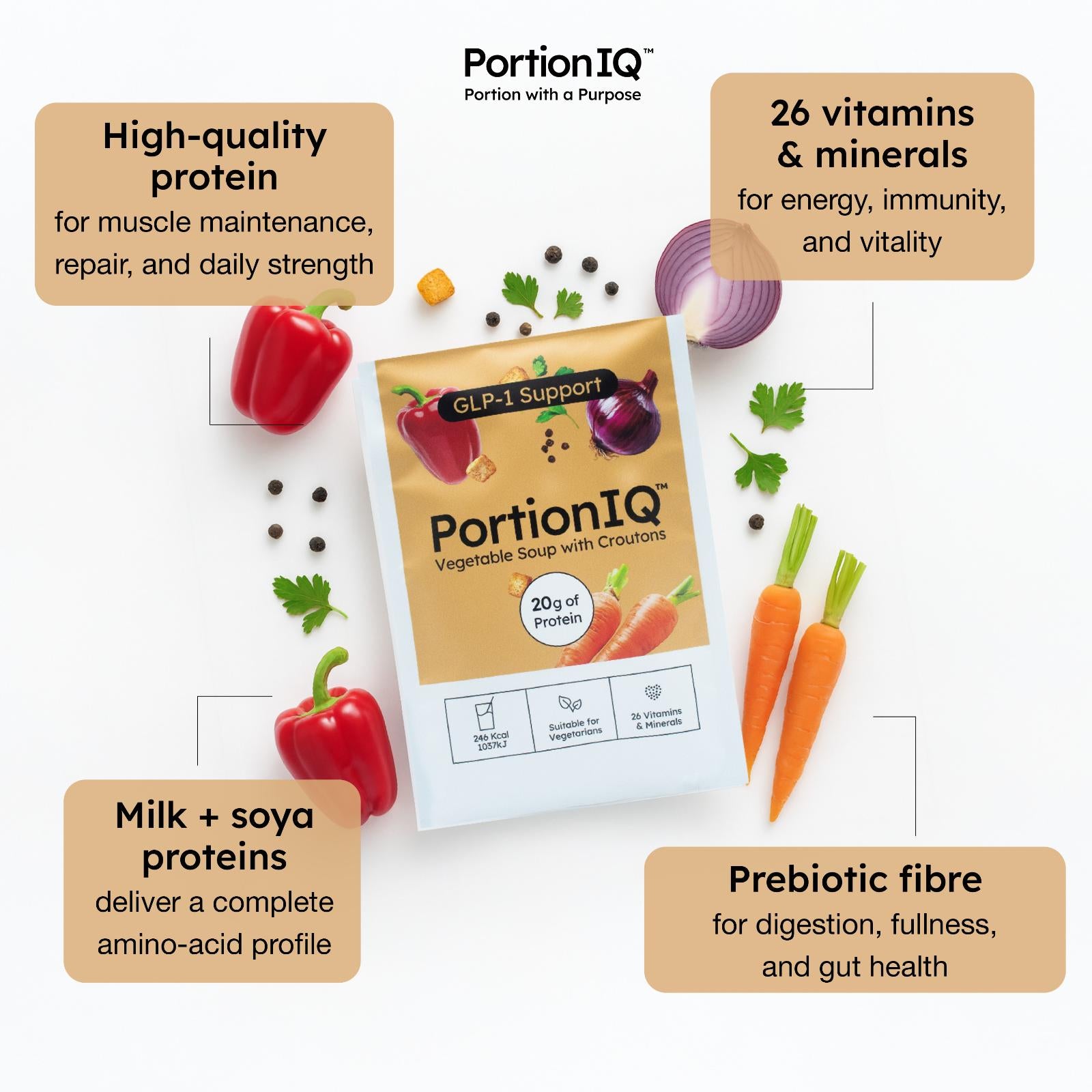 PortionIQ high-protein vegetable soup with croutons, with benefits descriptions