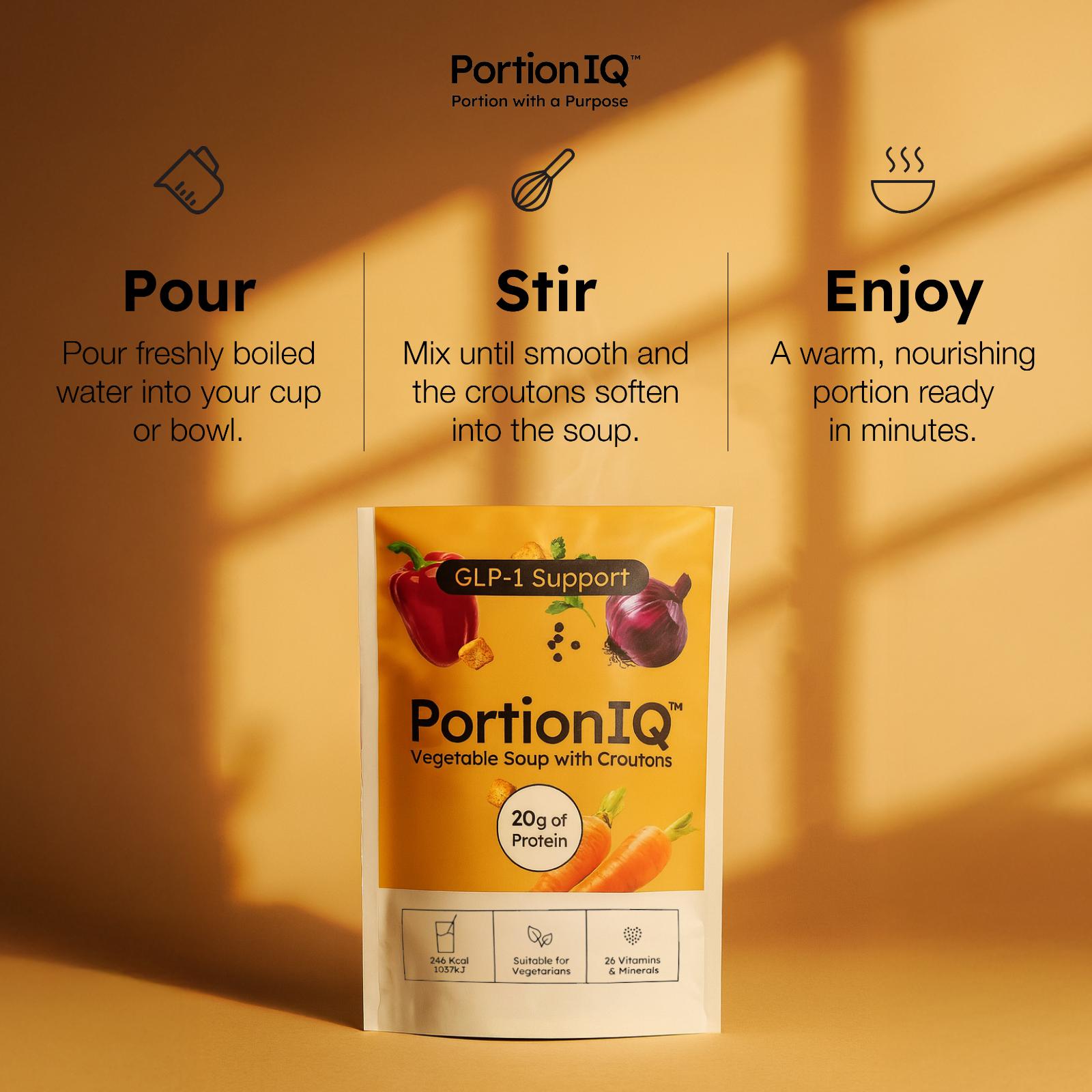 PortionIQ high-protein vegetable soup with croutons, packaged product and steps