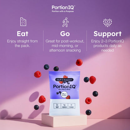 PortionIQ high-protein very berry yoghurt bites product sachet with steps