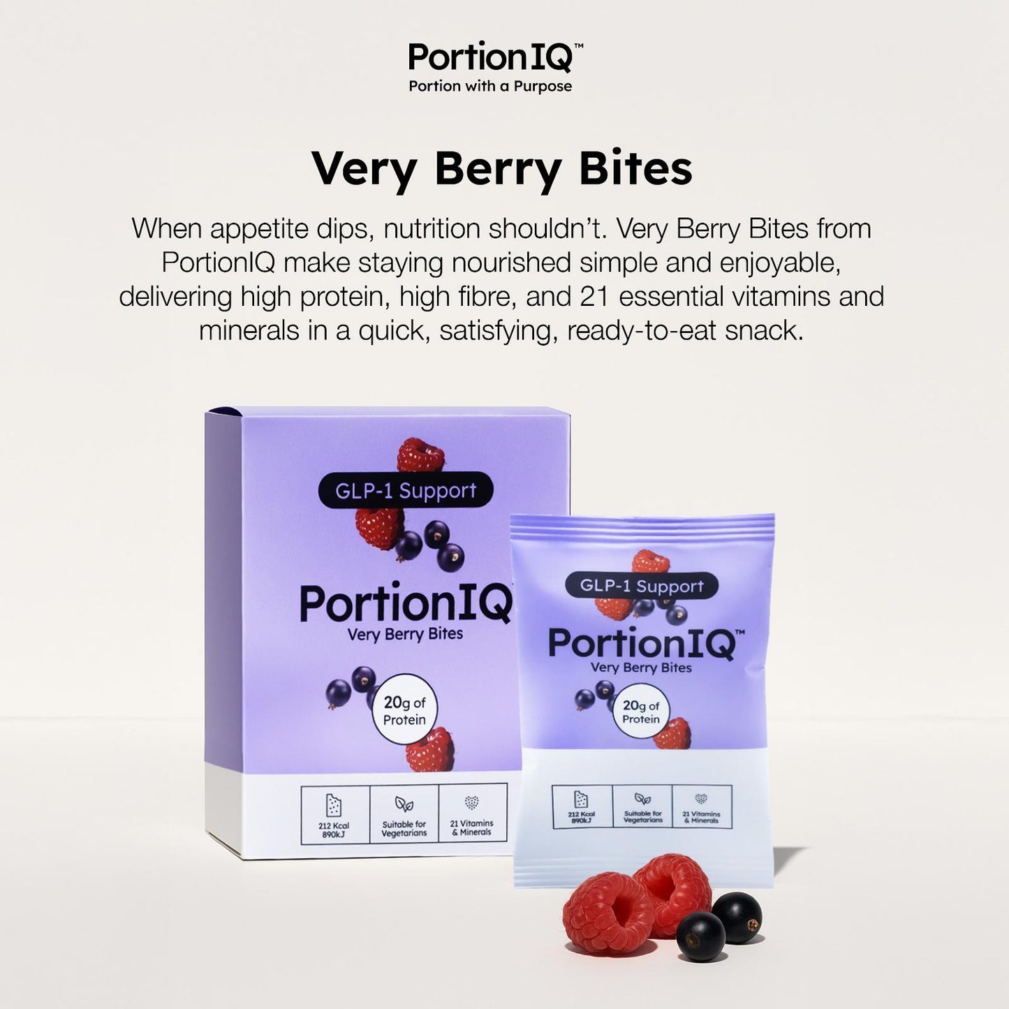 PortionIQ high-protein very berry yoghurt bites product sachet and box with description