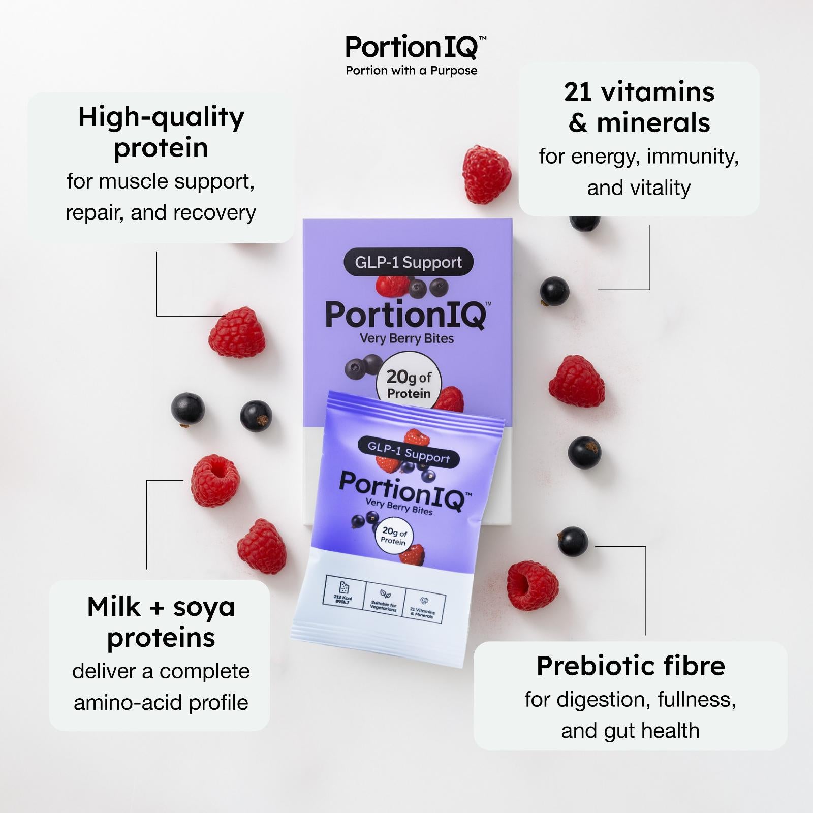 PortionIQ high-protein very berry yoghurt bites product sachet and box and benefits