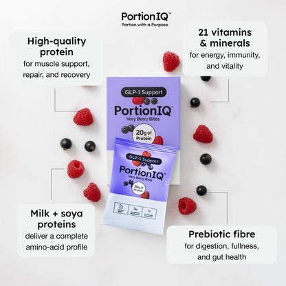 PortionIQ high-protein very berry yoghurt bites product sachet and box and benefits